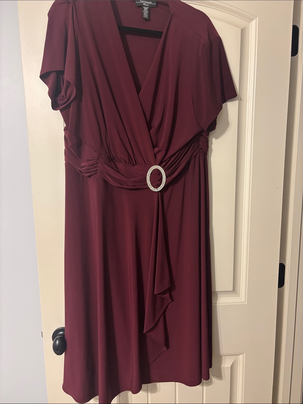 R&M Richards Wine Burgundy Faux-Wrap Midi Dress with Rhinestone Buckle